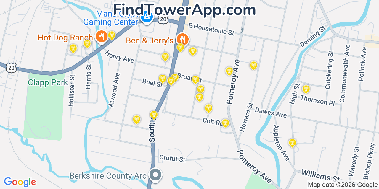 Map showing the 20 primary cell tower locations detected in Pittsfield, Massachusetts from AT&T, Verizon, and T-Mobile networks
