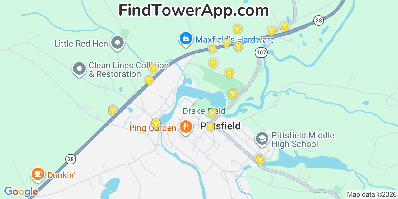 Map showing the 20 primary cell tower locations detected in Pittsfield, New Hampshire from AT&T, Verizon, and T-Mobile networks