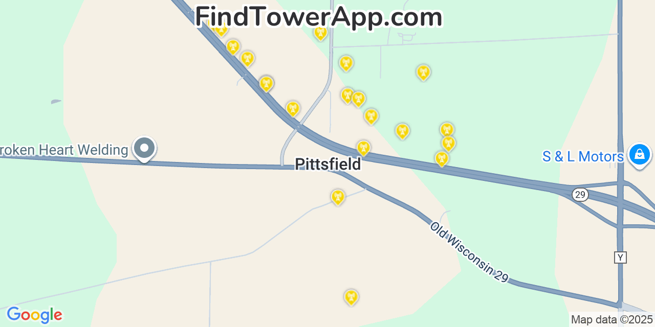 Map showing the 20 primary cell tower locations detected in Pittsfield, Wisconsin from AT&T, Verizon, and T-Mobile networks