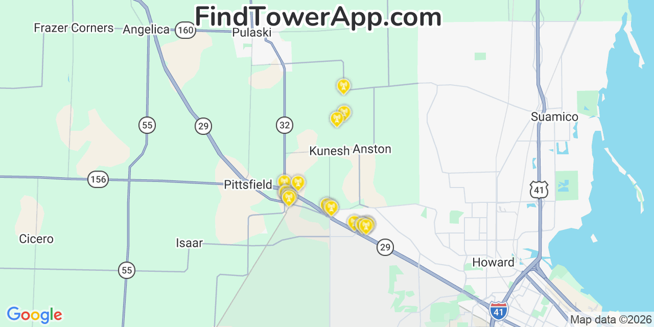 Map showing the 20 primary cell tower locations detected in Pittsfield, Wisconsin from AT&T, Verizon, and T-Mobile networks