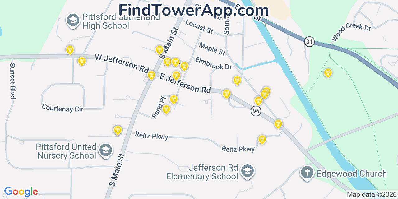 Map showing the 20 primary cell tower locations detected in Pittsford, New York from AT&T, Verizon, and T-Mobile networks