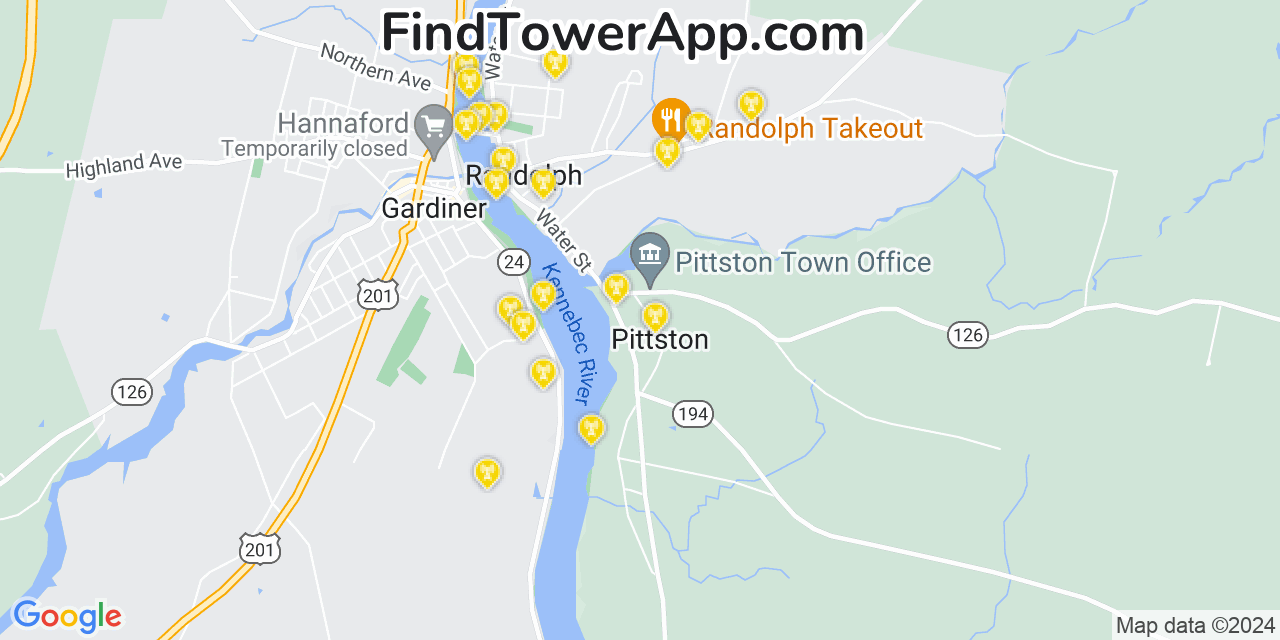 AT&T 4G/5G cell tower coverage map Pittston, Maine