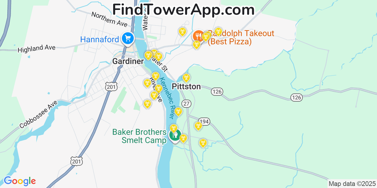 Map showing the 20 primary cell tower locations detected in Pittston, Maine from AT&T, Verizon, and T-Mobile networks