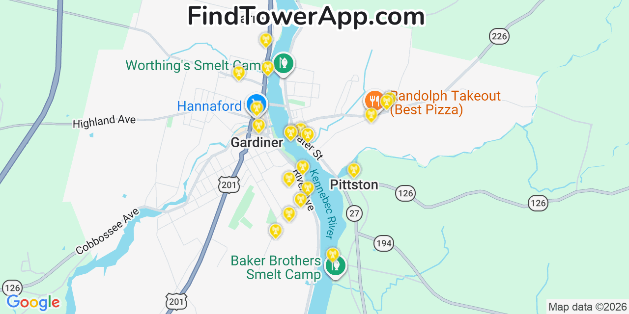 Map showing the 20 primary cell tower locations detected in Pittston, Maine from AT&T, Verizon, and T-Mobile networks