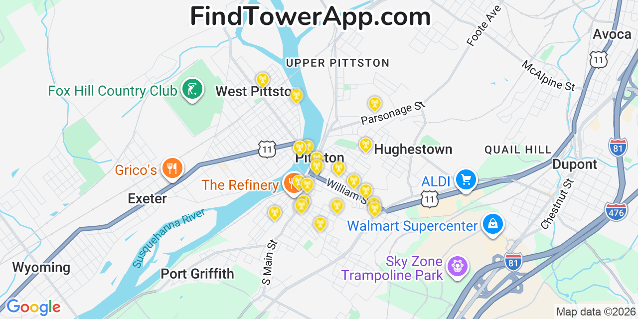 Map showing the 20 primary cell tower locations detected in Pittston, Pennsylvania from AT&T, Verizon, and T-Mobile networks