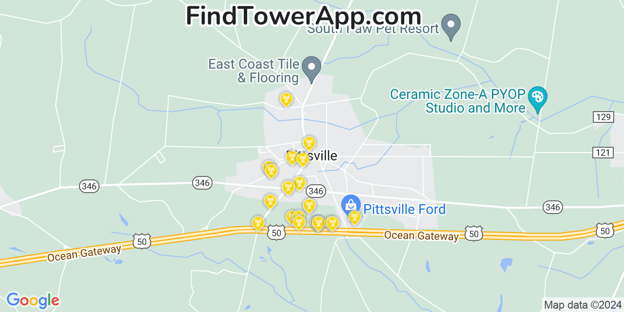 AT&T 4G/5G cell tower coverage map Pittsville, Maryland