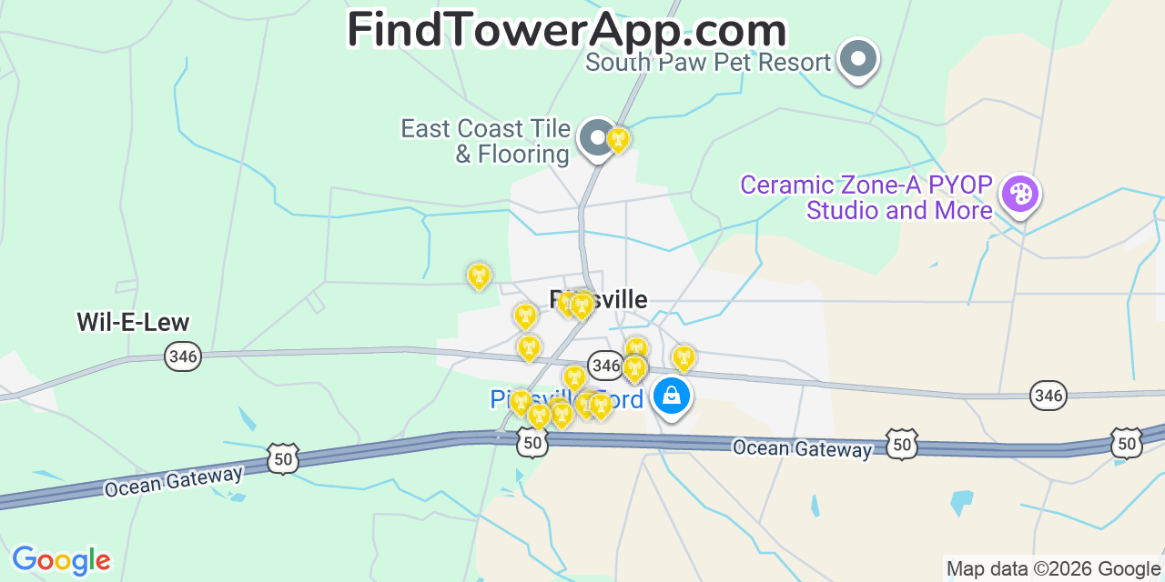 Map showing the 20 primary cell tower locations detected in Pittsville, Maryland from AT&T, Verizon, and T-Mobile networks