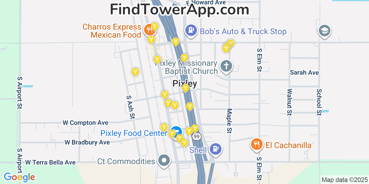 Map showing the 20 primary cell tower locations detected in Pixley, California from AT&T, Verizon, and T-Mobile networks