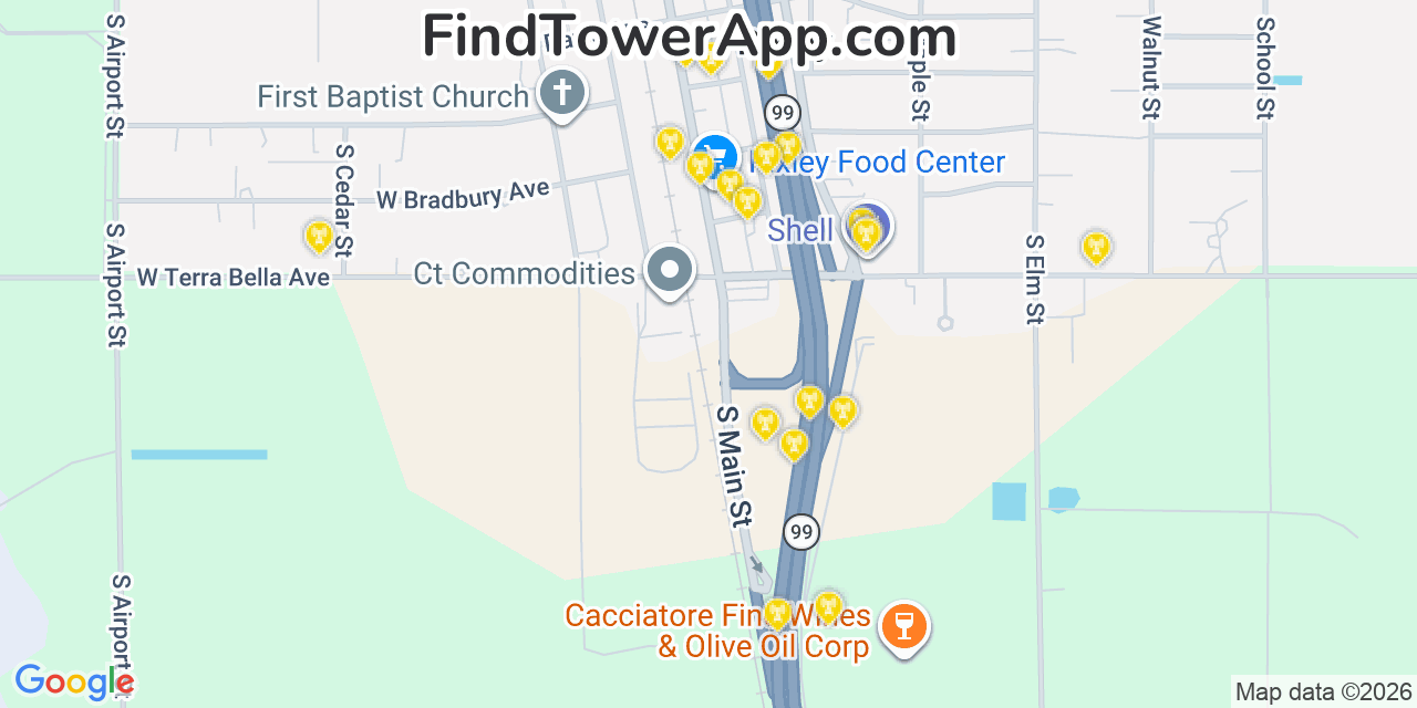 Map showing the 20 primary cell tower locations detected in Pixley, California from AT&T, Verizon, and T-Mobile networks