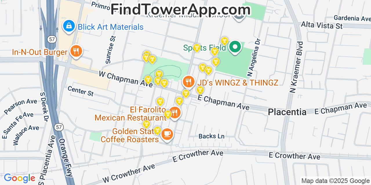 Map showing the 20 primary cell tower locations detected in Placentia, California from AT&T, Verizon, and T-Mobile networks