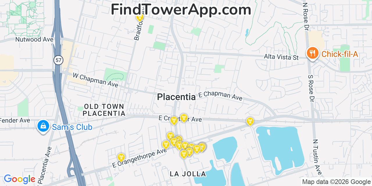 Map showing the 20 primary cell tower locations detected in Placentia, California from AT&T, Verizon, and T-Mobile networks