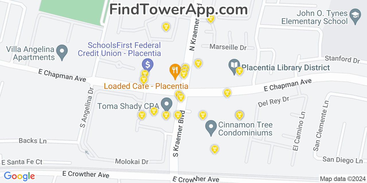 Verizon 4G/5G cell tower coverage map Placentia, California