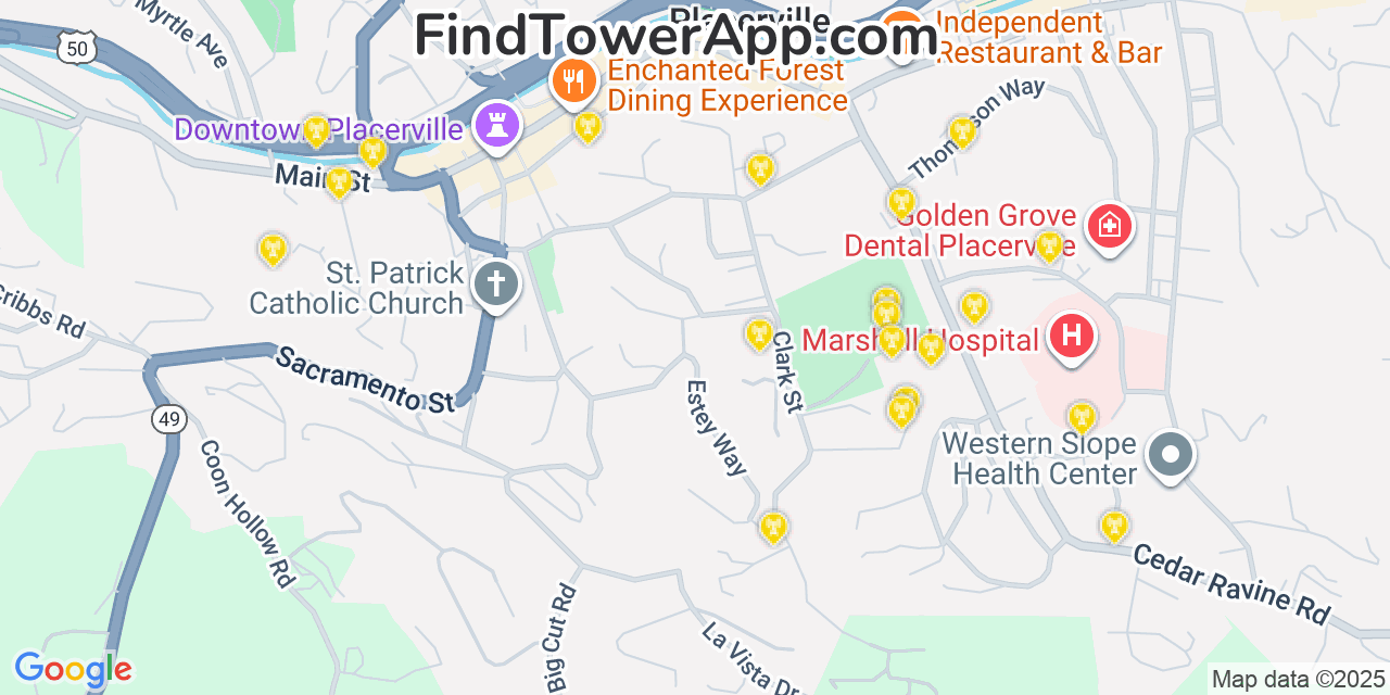 Map showing the 20 primary cell tower locations detected in Placerville, California from AT&T, Verizon, and T-Mobile networks