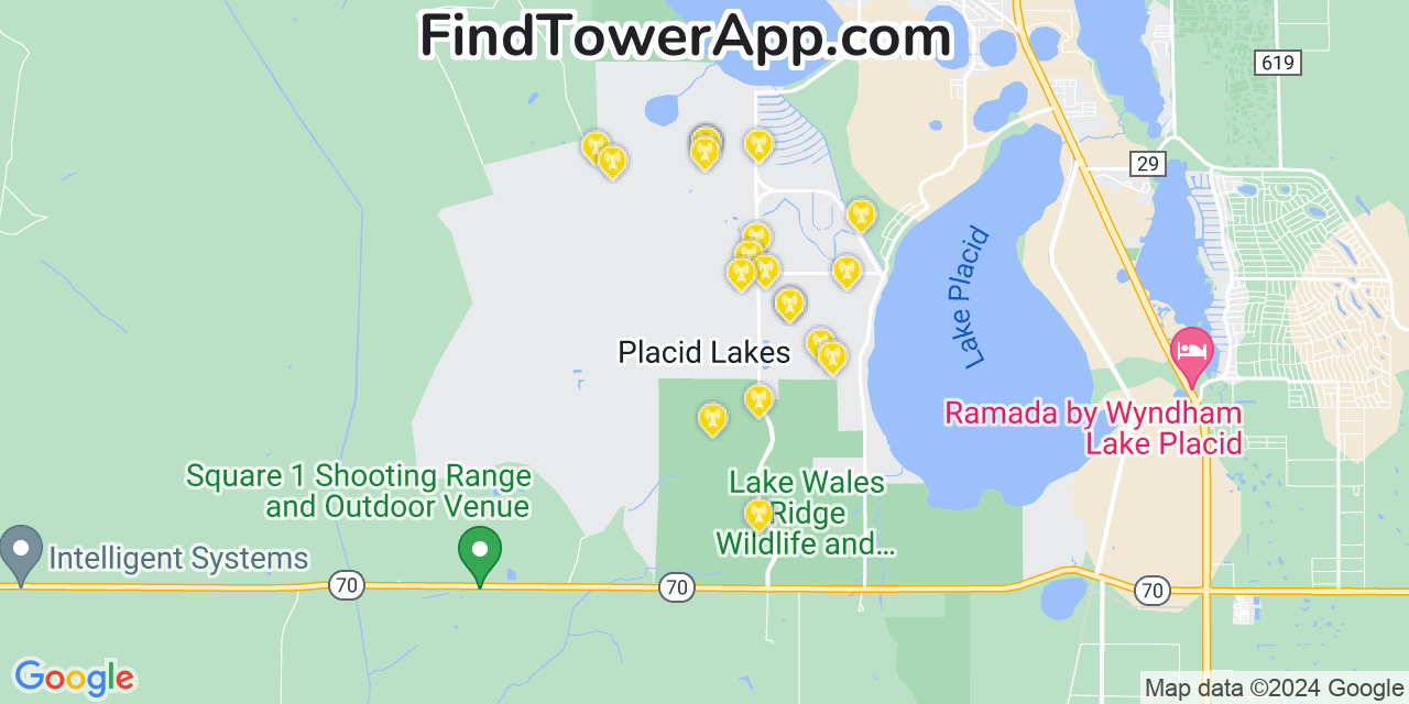 AT&T 4G/5G cell tower coverage map Placid Lakes, Florida