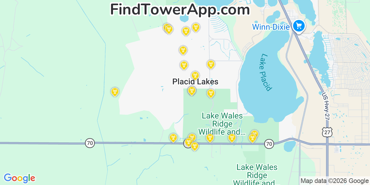 Map showing the 20 primary cell tower locations detected in Placid Lakes, Florida from AT&T, Verizon, and T-Mobile networks