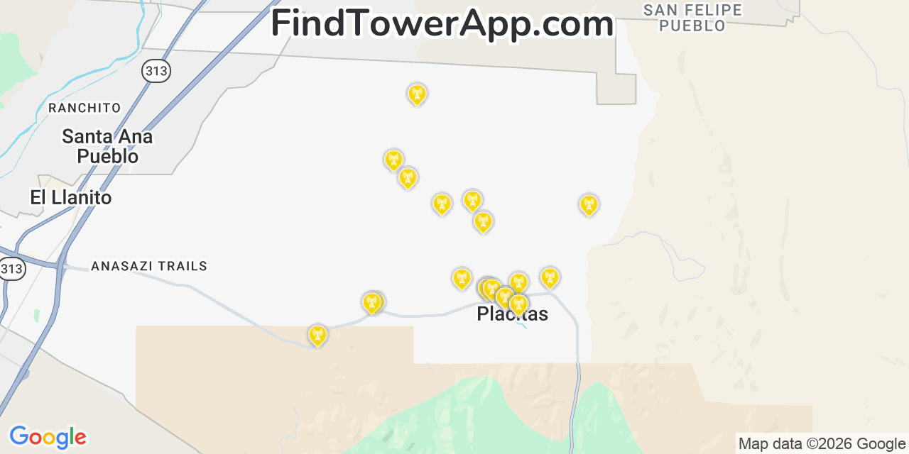 Map showing the 20 primary cell tower locations detected in Placitas, New Mexico from AT&T, Verizon, and T-Mobile networks