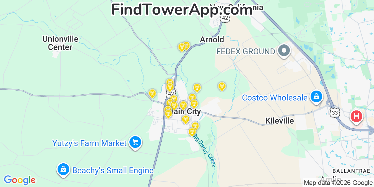 Map showing the 20 primary cell tower locations detected in Plain City, Ohio from AT&T, Verizon, and T-Mobile networks