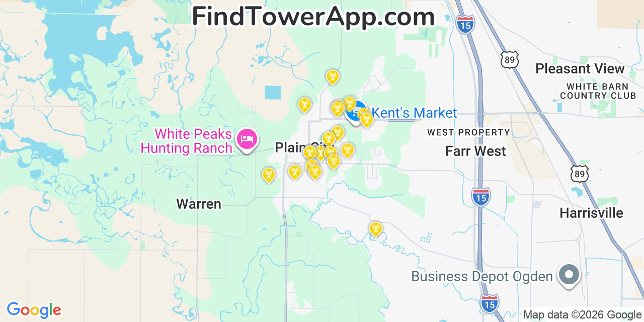 Map showing the 20 primary cell tower locations detected in Plain City, Utah from AT&T, Verizon, and T-Mobile networks