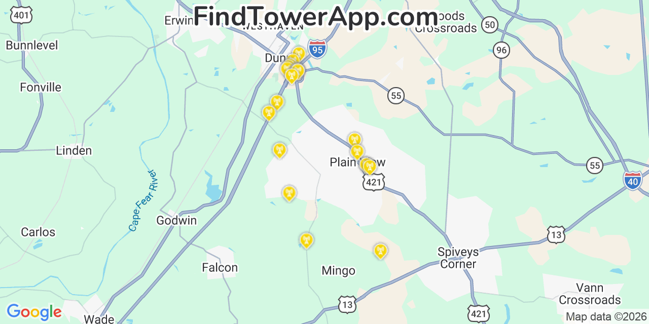 Map showing the 20 primary cell tower locations detected in Plain View, North Carolina from AT&T, Verizon, and T-Mobile networks