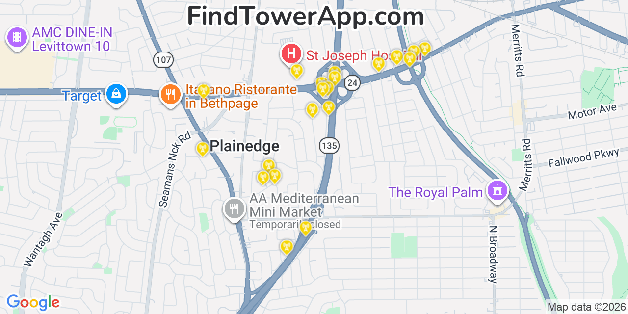 Map showing the 20 primary cell tower locations detected in Plainedge, New York from AT&T, Verizon, and T-Mobile networks
