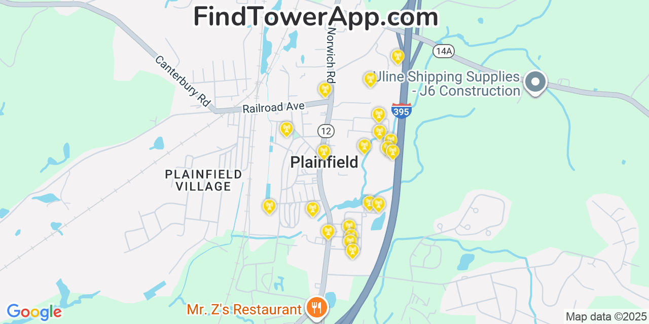 Map showing the 20 primary cell tower locations detected in Plainfield, Connecticut from AT&T, Verizon, and T-Mobile networks