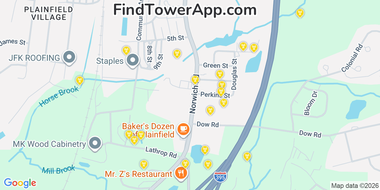 Map showing the 20 primary cell tower locations detected in Plainfield, Connecticut from AT&T, Verizon, and T-Mobile networks