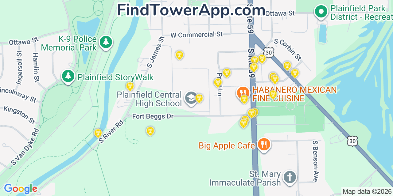 Map showing the 20 primary cell tower locations detected in Plainfield, Illinois from AT&T, Verizon, and T-Mobile networks