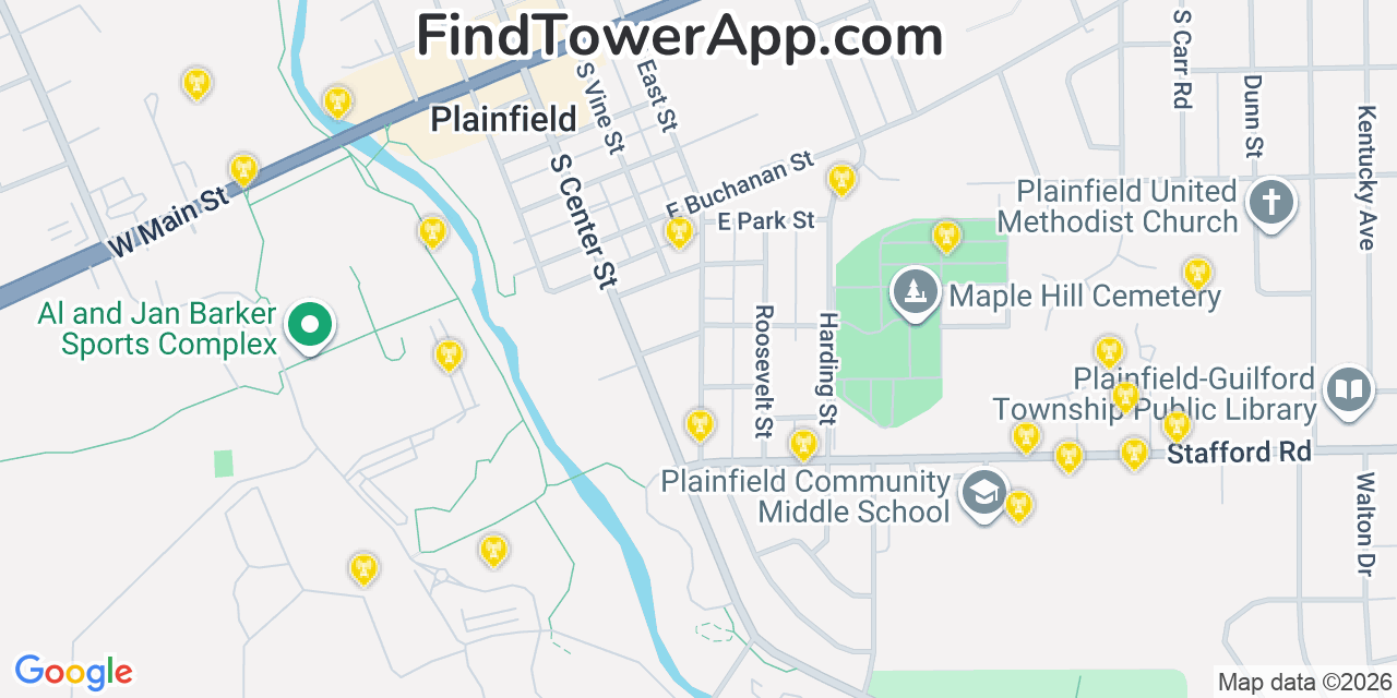 Map showing the 20 primary cell tower locations detected in Plainfield, Indiana from AT&T, Verizon, and T-Mobile networks