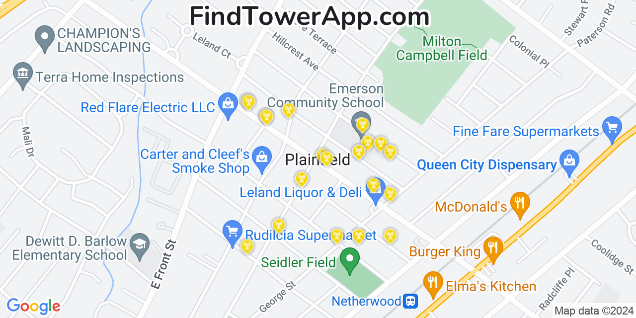 AT&T 4G/5G cell tower coverage map Plainfield, New Jersey