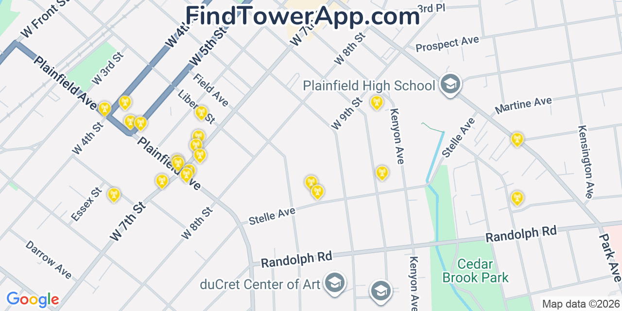 Map showing the 20 primary cell tower locations detected in Plainfield, New Jersey from AT&T, Verizon, and T-Mobile networks