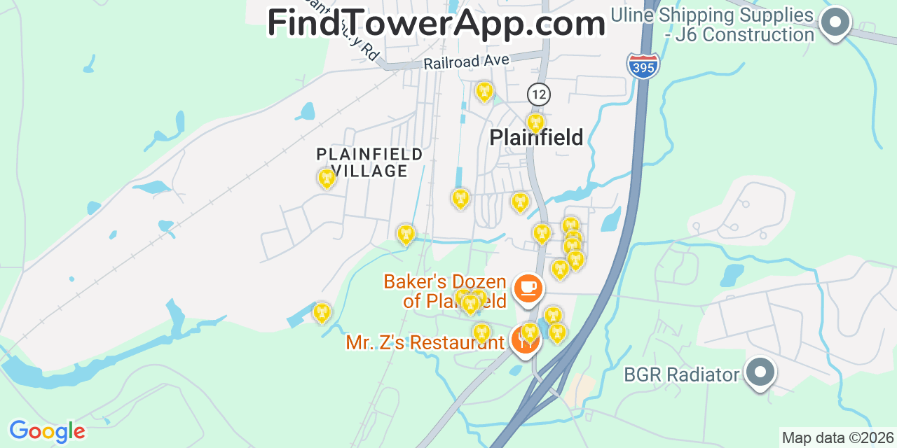 Map showing the 20 primary cell tower locations detected in Plainfield Village, Connecticut from AT&T, Verizon, and T-Mobile networks