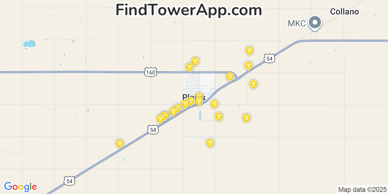 Map showing the 20 primary cell tower locations detected in Plains, Kansas from AT&T, Verizon, and T-Mobile networks