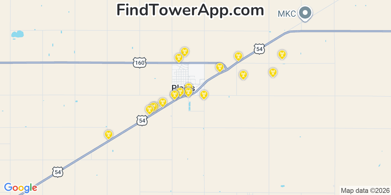 Map showing the 20 primary cell tower locations detected in Plains, Kansas from AT&T, Verizon, and T-Mobile networks