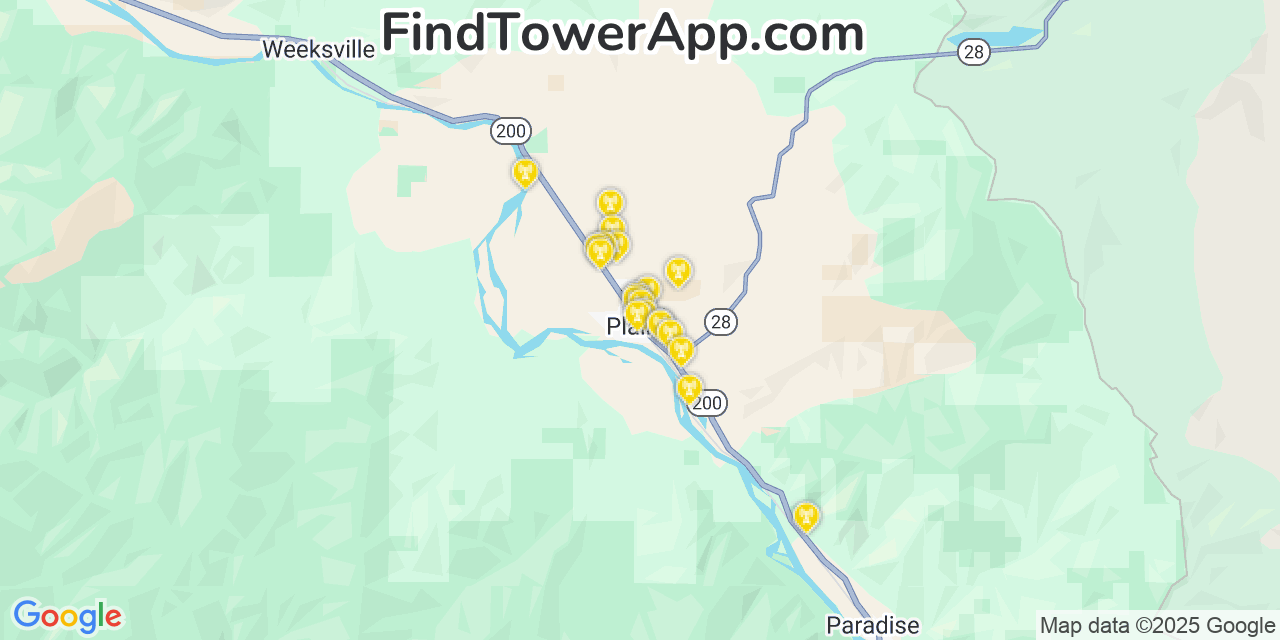 Map showing the 20 primary cell tower locations detected in Plains, Montana from AT&T, Verizon, and T-Mobile networks