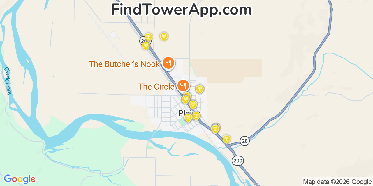 Map showing the 20 primary cell tower locations detected in Plains, Montana from AT&T, Verizon, and T-Mobile networks