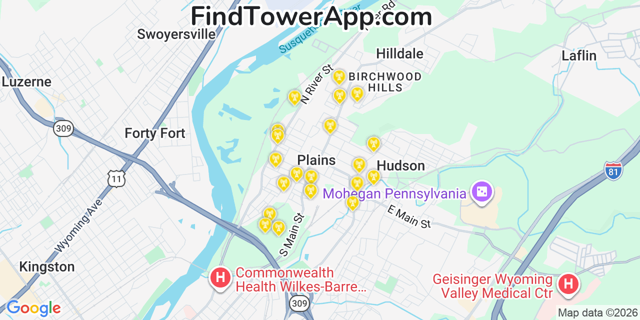 Map showing the 20 primary cell tower locations detected in Plains, Pennsylvania from AT&T, Verizon, and T-Mobile networks