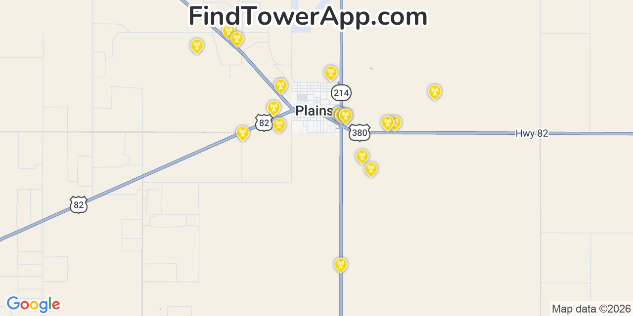 Map showing the 20 primary cell tower locations detected in Plains, Texas from AT&T, Verizon, and T-Mobile networks