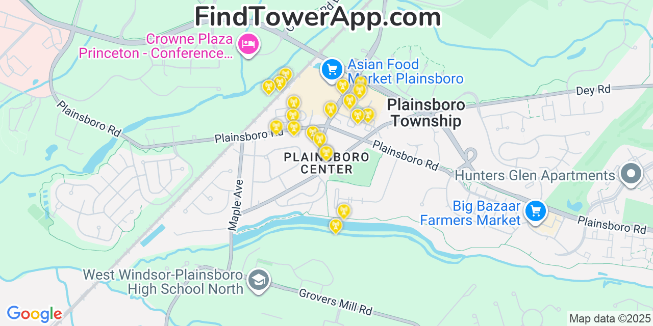 Map showing the 20 primary cell tower locations detected in Plainsboro Center, New Jersey from AT&T, Verizon, and T-Mobile networks