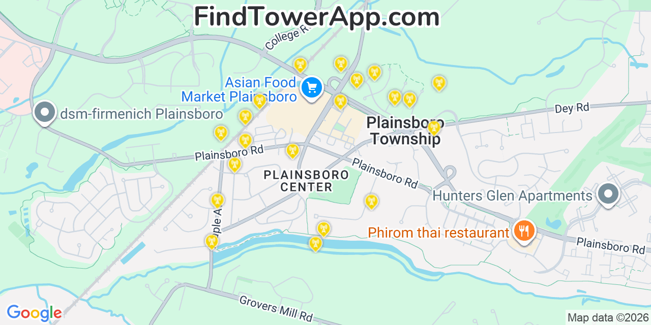 Map showing the 20 primary cell tower locations detected in Plainsboro Center, New Jersey from AT&T, Verizon, and T-Mobile networks
