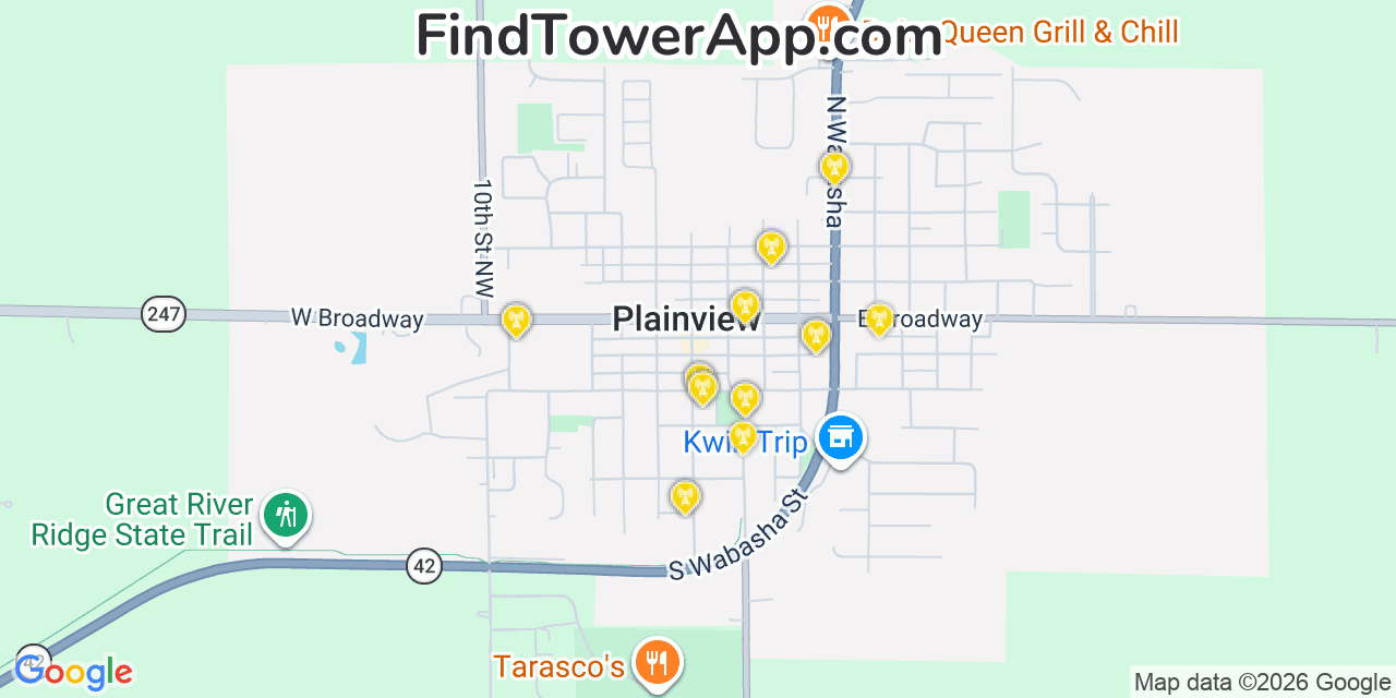 Map showing the 20 primary cell tower locations detected in Plainview, Minnesota from AT&T, Verizon, and T-Mobile networks