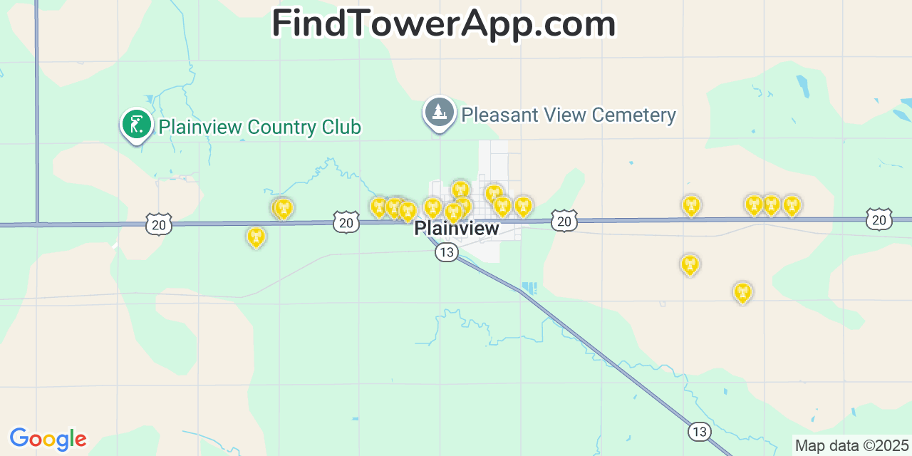 Map showing the 20 primary cell tower locations detected in Plainview, Nebraska from AT&T, Verizon, and T-Mobile networks