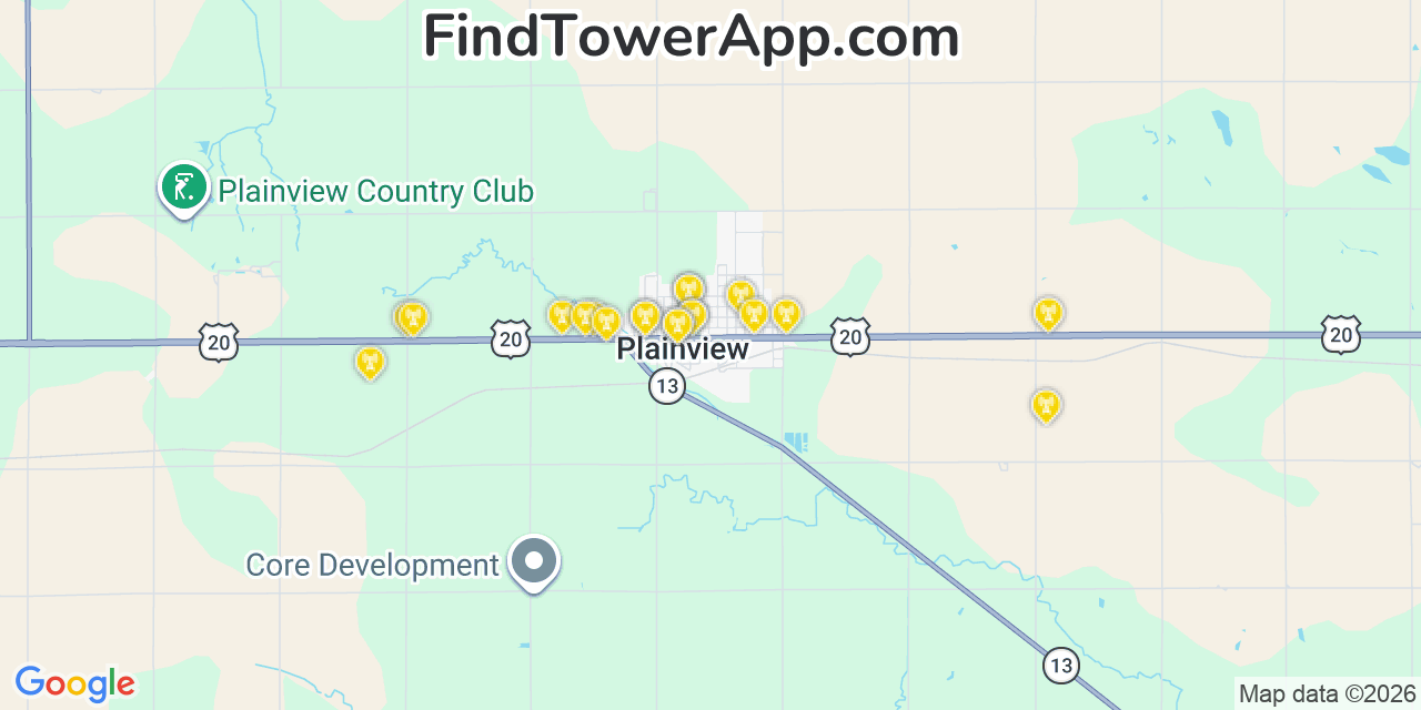 Map showing the 20 primary cell tower locations detected in Plainview, Nebraska from AT&T, Verizon, and T-Mobile networks