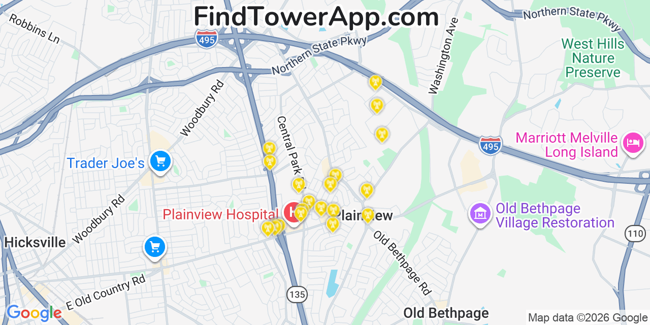 Map showing the 20 primary cell tower locations detected in Plainview, New York from AT&T, Verizon, and T-Mobile networks