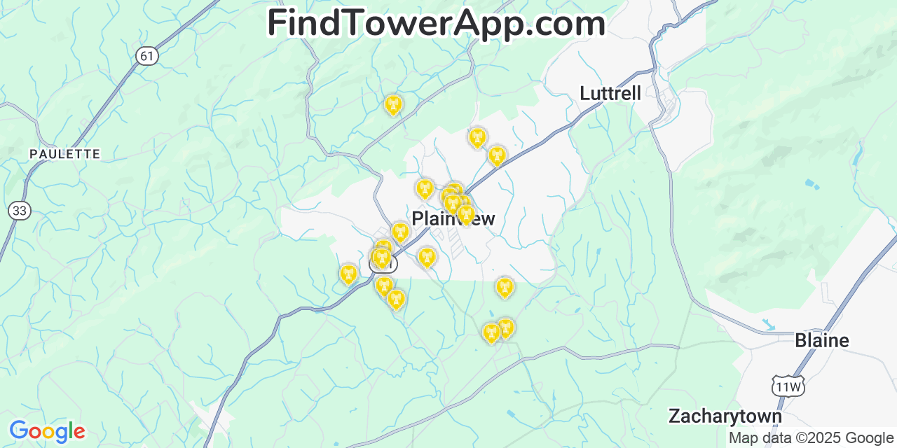 Map showing the 20 primary cell tower locations detected in Plainview, Tennessee from AT&T, Verizon, and T-Mobile networks