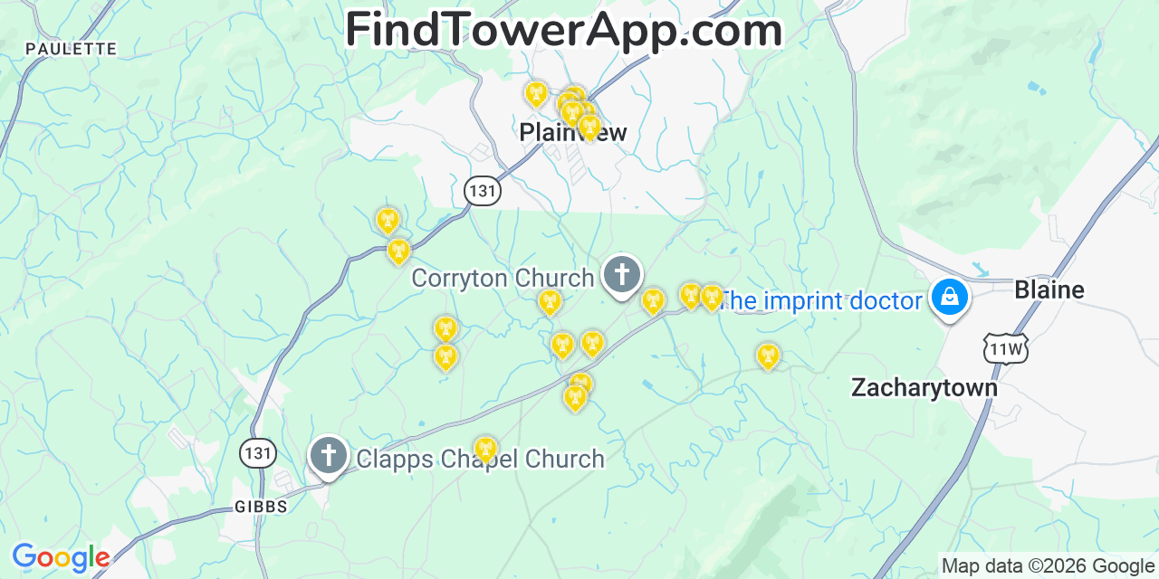 Map showing the 20 primary cell tower locations detected in Plainview, Tennessee from AT&T, Verizon, and T-Mobile networks