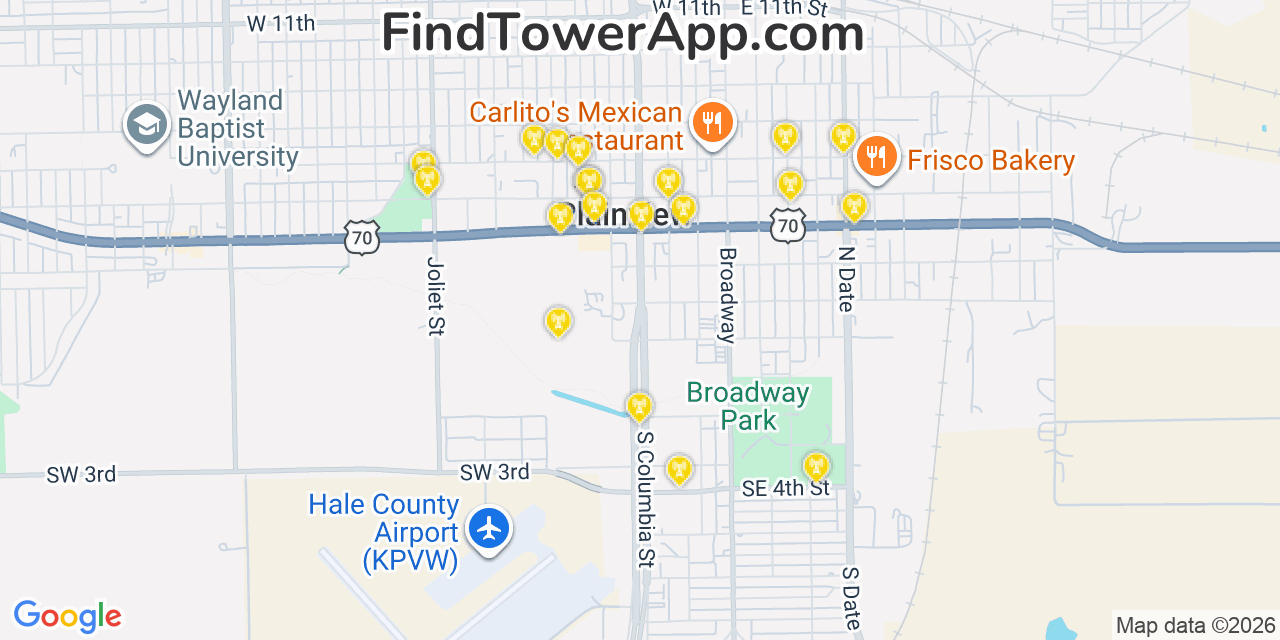 Map showing the 20 primary cell tower locations detected in Plainview, Texas from AT&T, Verizon, and T-Mobile networks