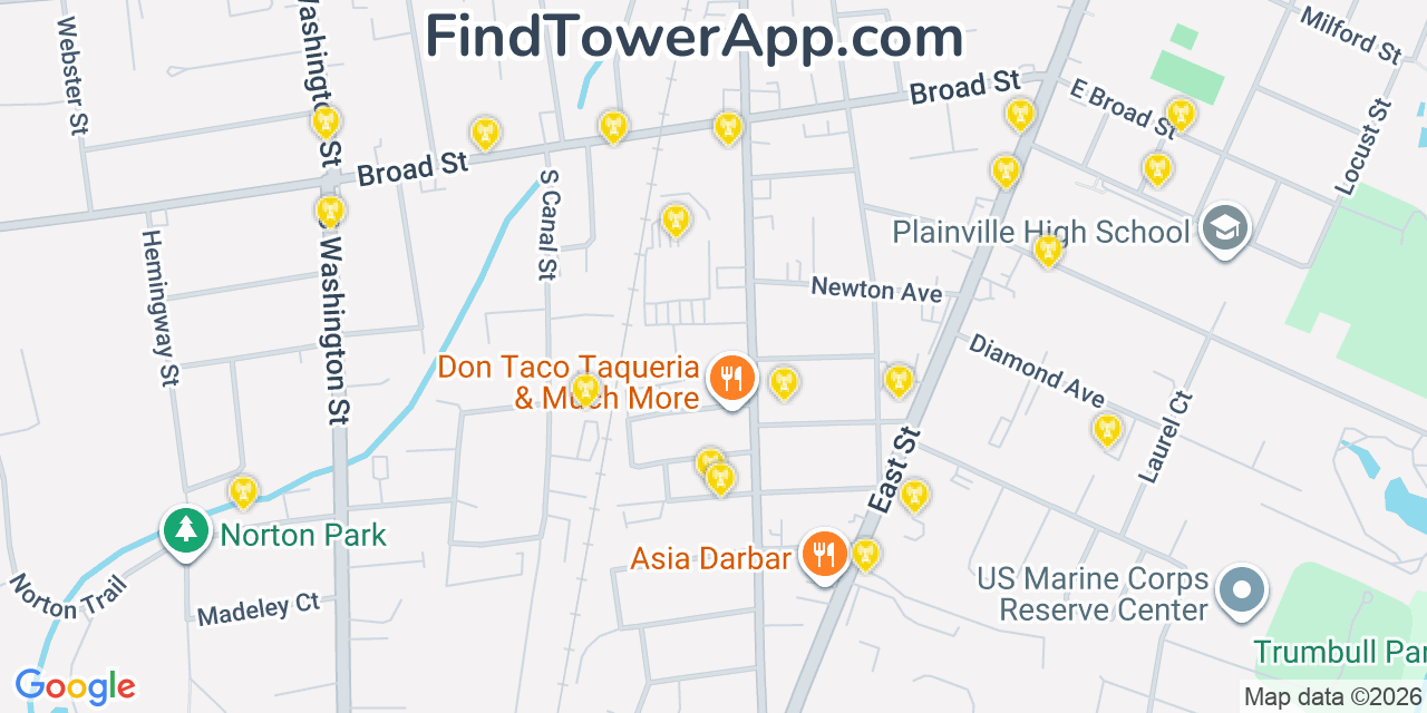 Map showing the 20 primary cell tower locations detected in Plainville, Connecticut from AT&T, Verizon, and T-Mobile networks