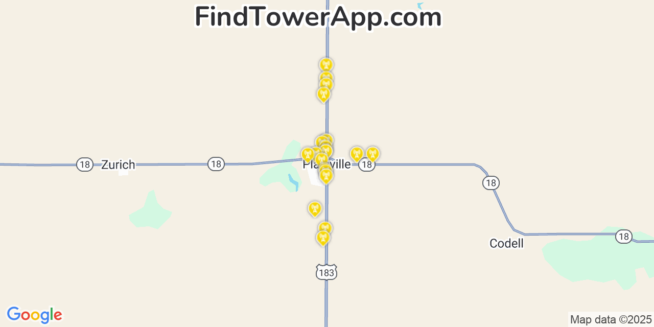 Map showing the 20 primary cell tower locations detected in Plainville, Kansas from AT&T, Verizon, and T-Mobile networks