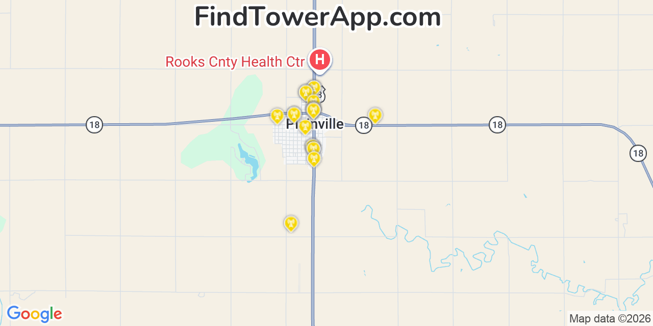 Map showing the 20 primary cell tower locations detected in Plainville, Kansas from AT&T, Verizon, and T-Mobile networks