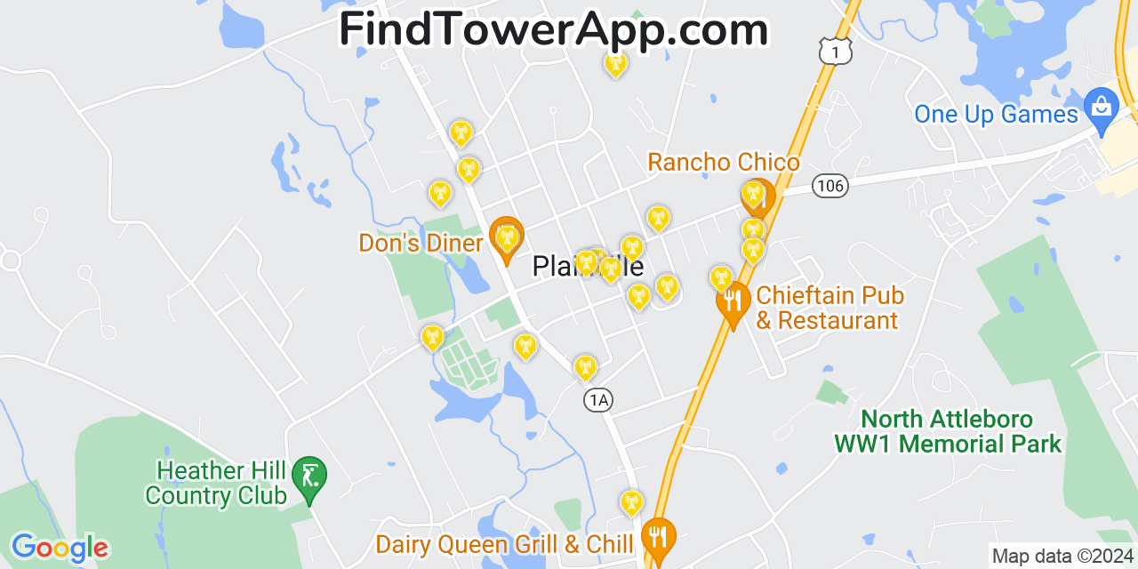 AT&T 4G/5G cell tower coverage map Plainville, Massachusetts